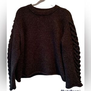 Coco & Carmen Brown Braided Sleeve Wool Pullover Sweater L/XL